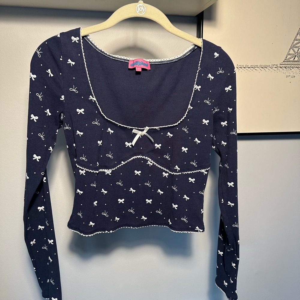Navy Blue Bow Print Women's Top #edikted